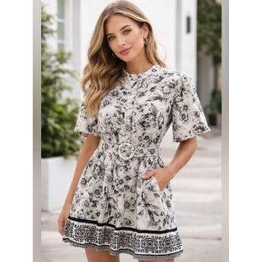 Joie Floral Mini Dress Black White Puff Sleeve Button Front Size 12